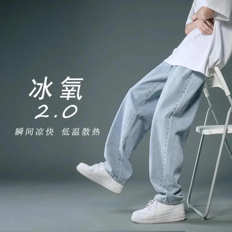 Men Light Blue Denim Jeans 2024 New Arrival Loose Casual