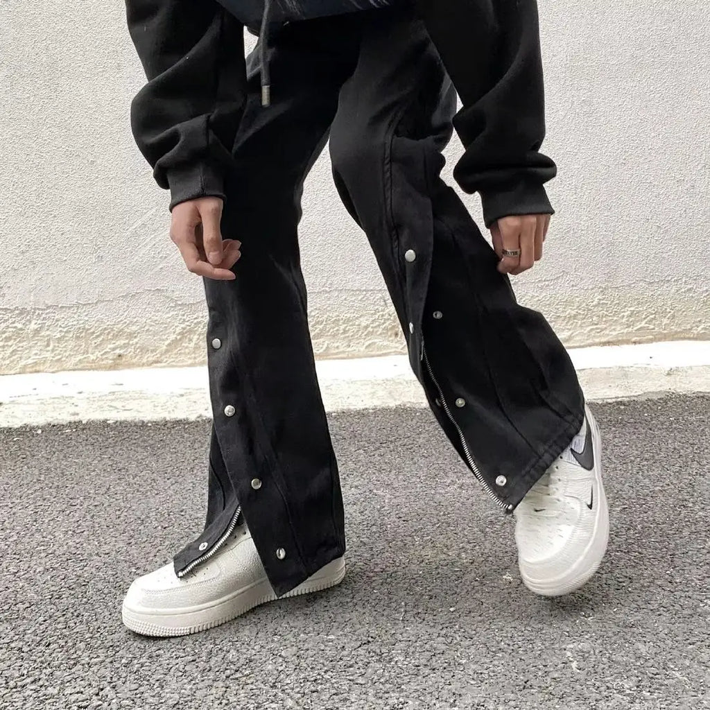 Men Black Zipper Slit Casual Pants with White Sneakers