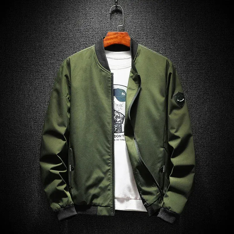 Men's Green Baseball Collar Jacket Solid Color Youth Casual Coat