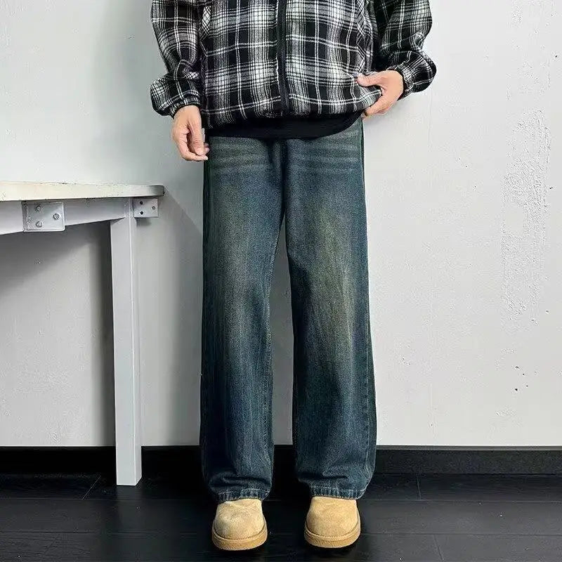 Men Vintage Washed Jeans Dark Blue Straight Fit