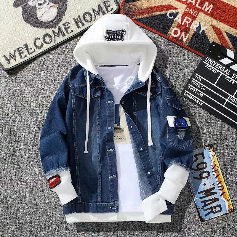 Men's Light Blue Denim Hooded Jacket with White Hood & Embroidery