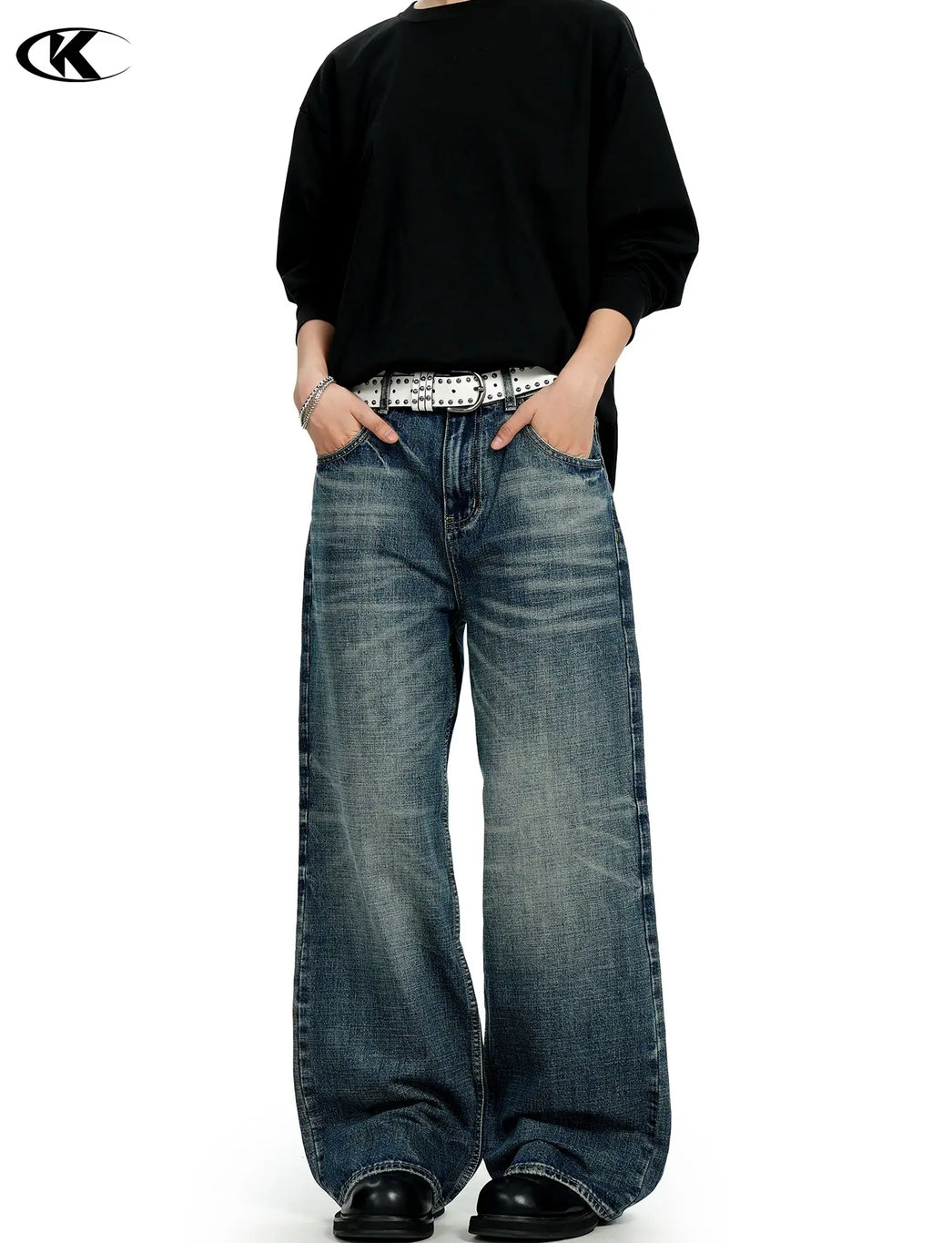 11Kn American Retro Dark Blue Jeans for Men Women Wide Leg Casual Pants
