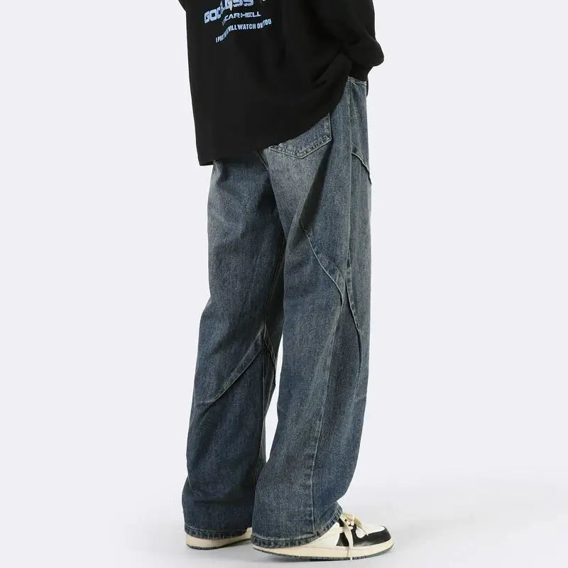 Men Wide Leg Retro Draped Jeans Spring Autumn