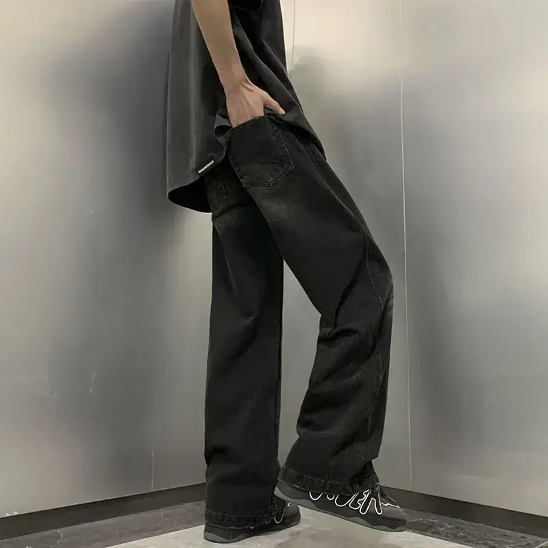 Men's Black Straight Cut Denim Pants Spring Loose Fashion