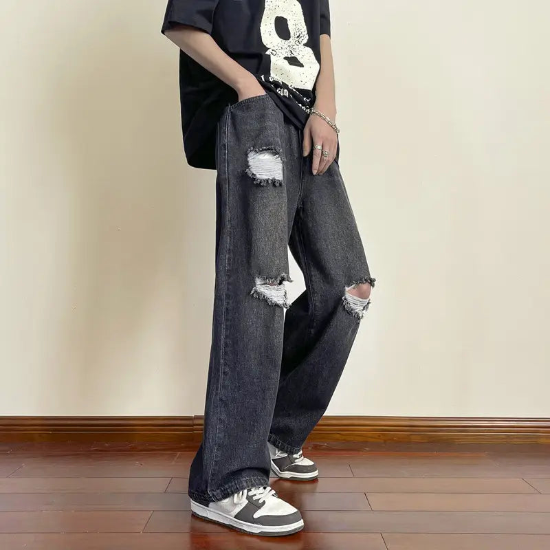 Men's Wide Leg Ripped Denim Jeans Summer Casual Pants