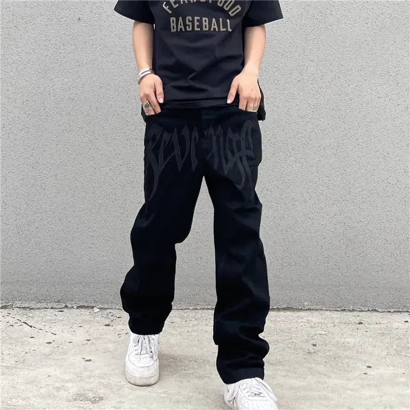 Black Embroidered High Waist Jeans Men Women