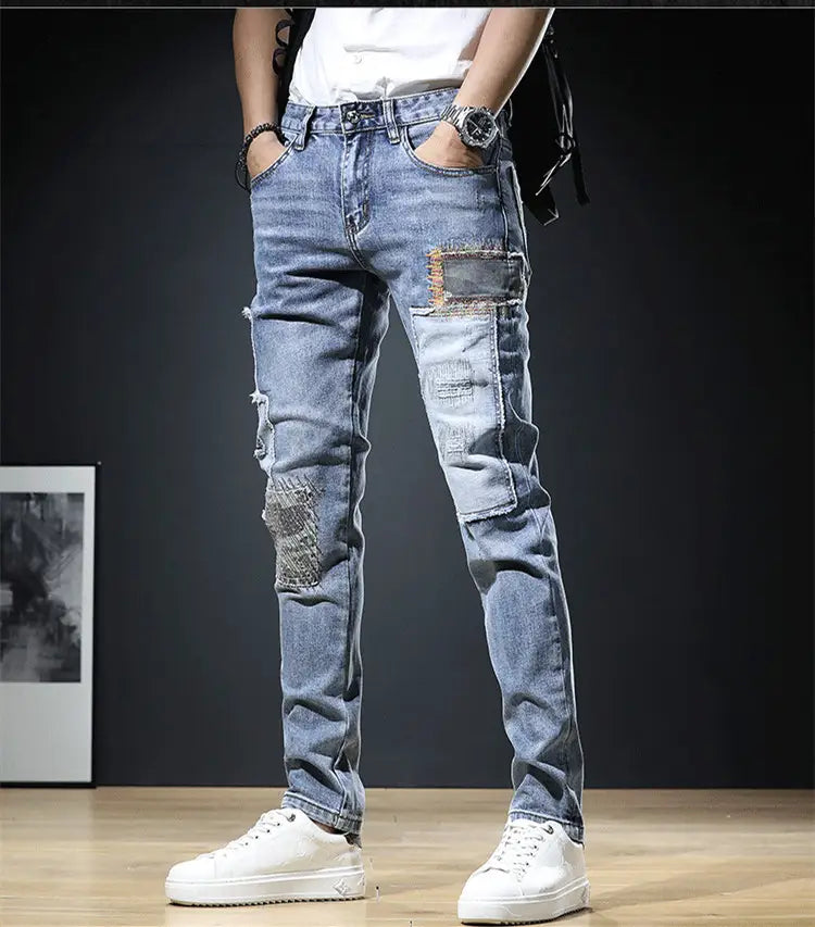 Men Patch Ripped Skinny Jeans Korean Style Spring Autumn