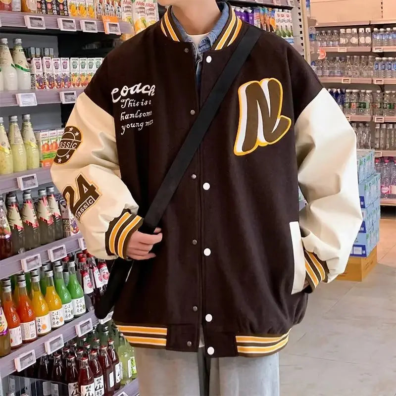 Men's Black & White Spliced Baseball Jacket American Retro Style