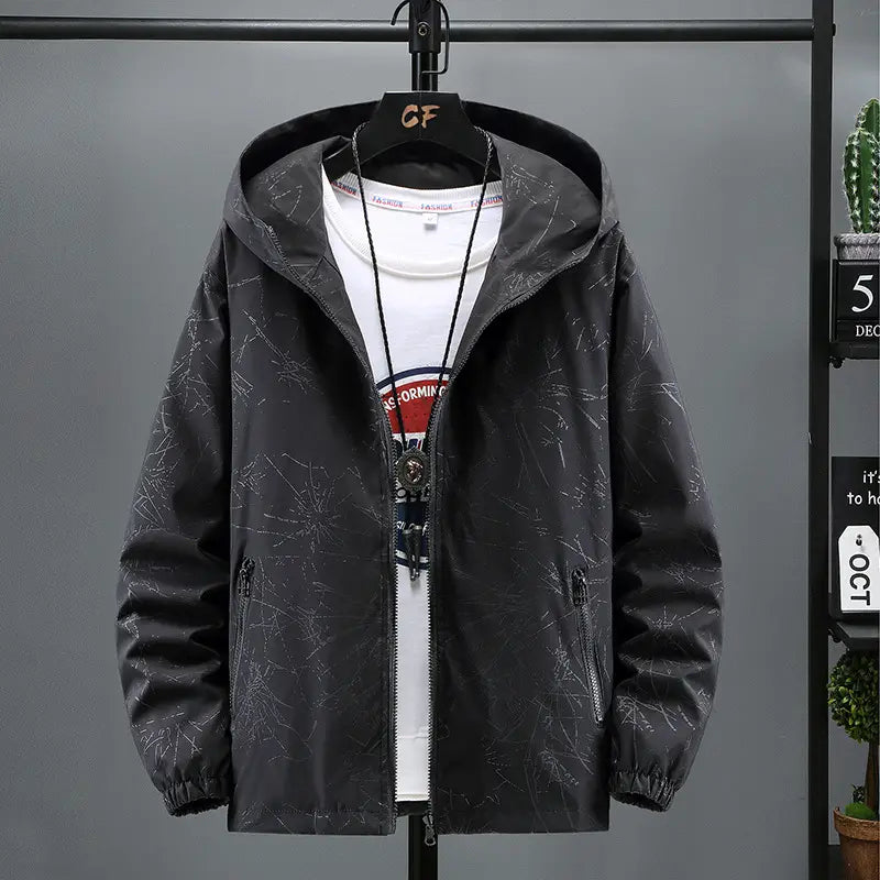 Men's Black Hooded Jacket with Print & Zip Front