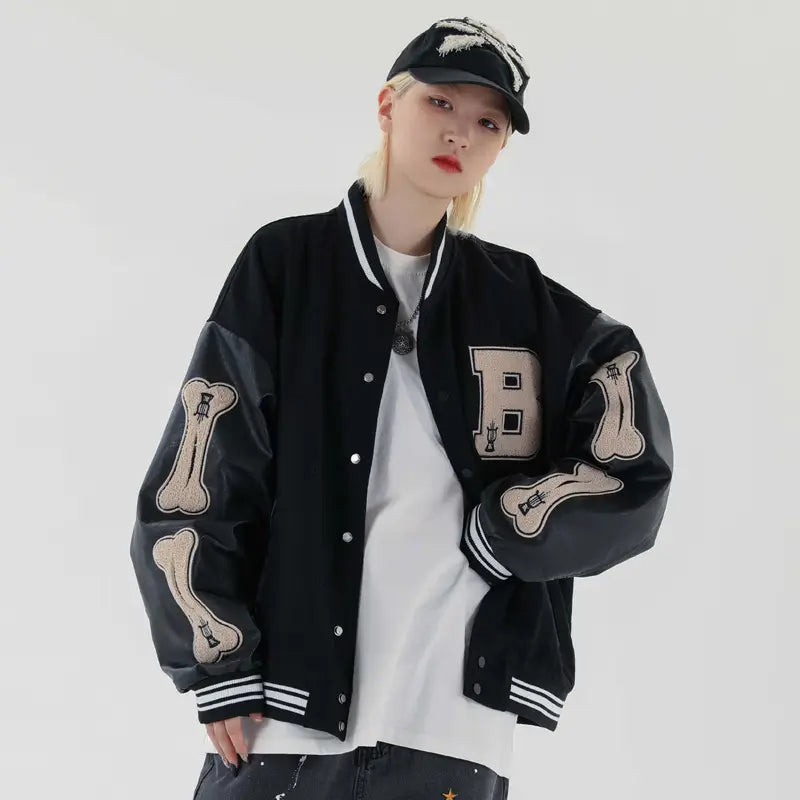 Men's Green Bone Print Baseball Jacket with White Underlayer