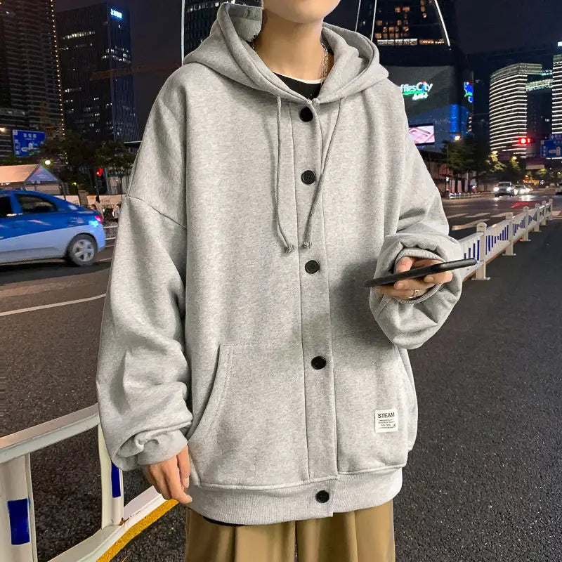 Men Grey Hooded Sweatshirt Long Sleeve Polar Fleece