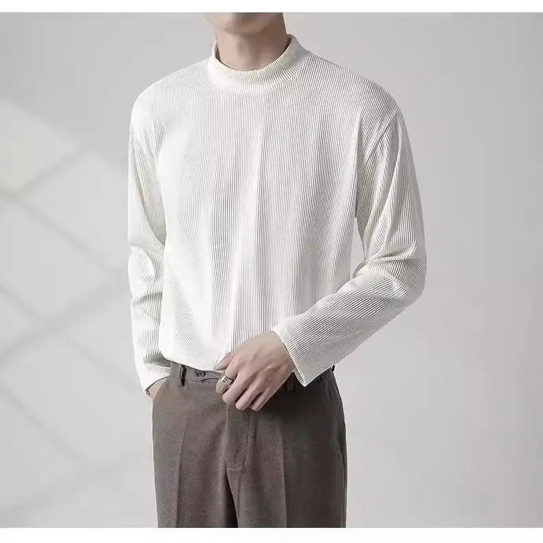 Men's White Long Sleeve Half Collar T-Shirt