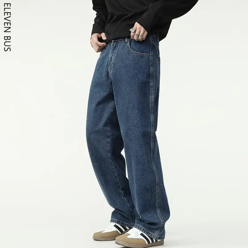 New Dark Blue American Retro Washed Jeans Men's Straight Wide-Leg