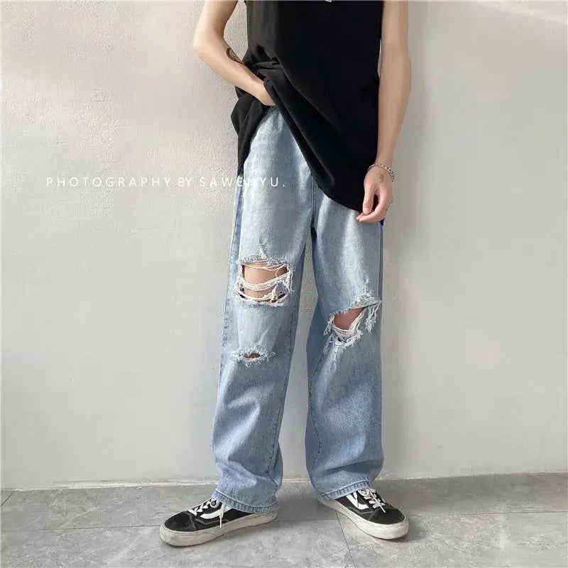 Ripped Washed Jeans Boys Summer Loose Wide Leg Straight Pants