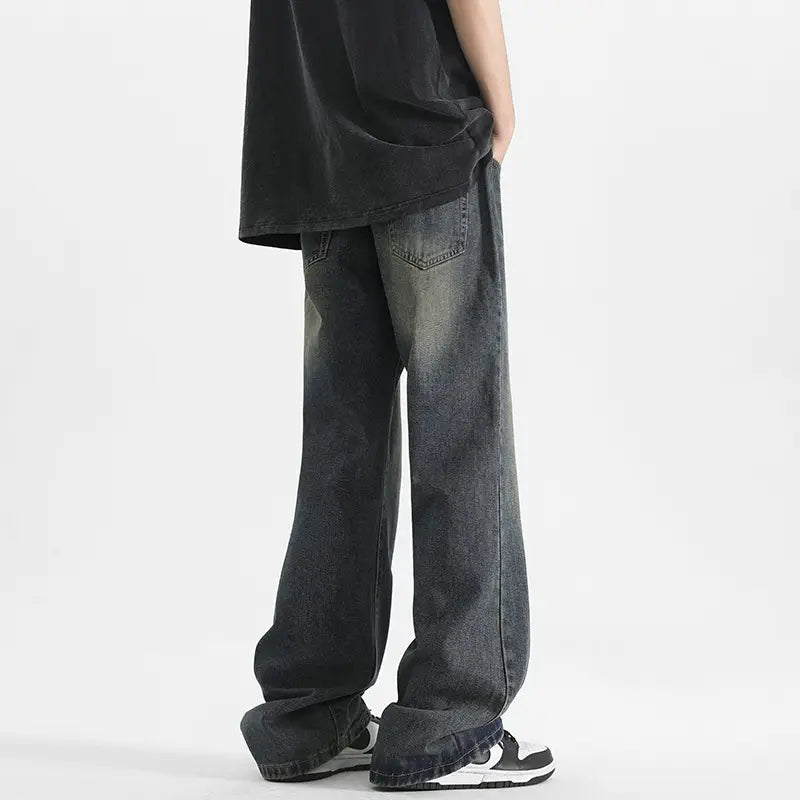 Men Wide Leg Washed Jeans Dark Blue Summer