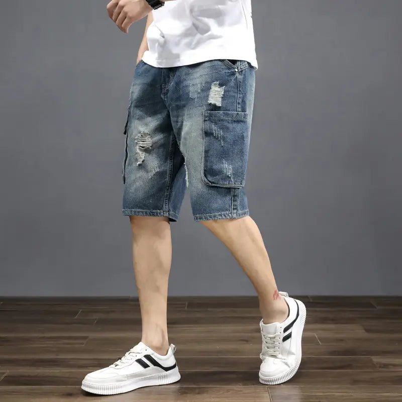 Denim Mid-Length Cargo Shorts for Men Retro Korean Style