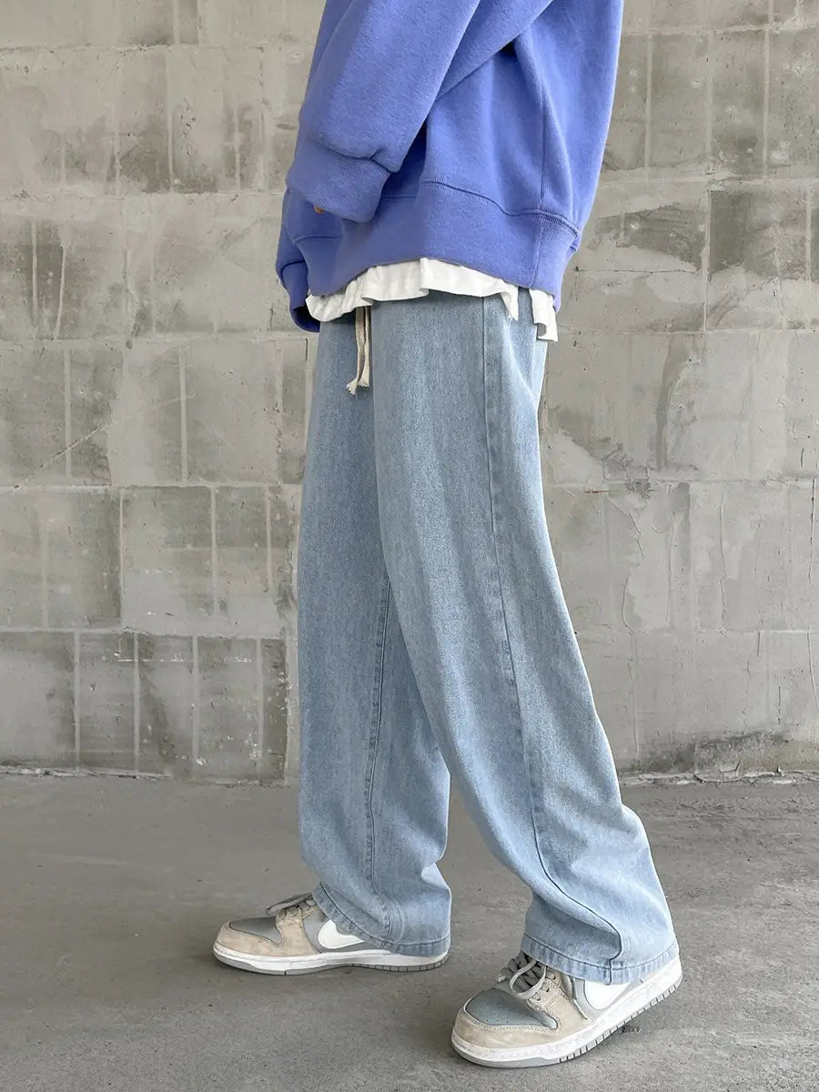 Men's Elastic Waist Jeans Vintage Washed Loose Straight Leg