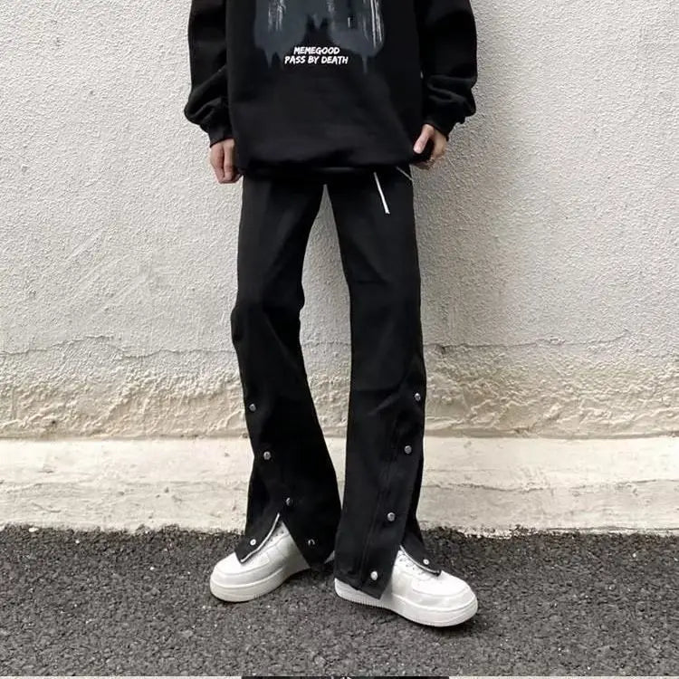 Men Black Zipper Slit Casual Pants with White Sneakers