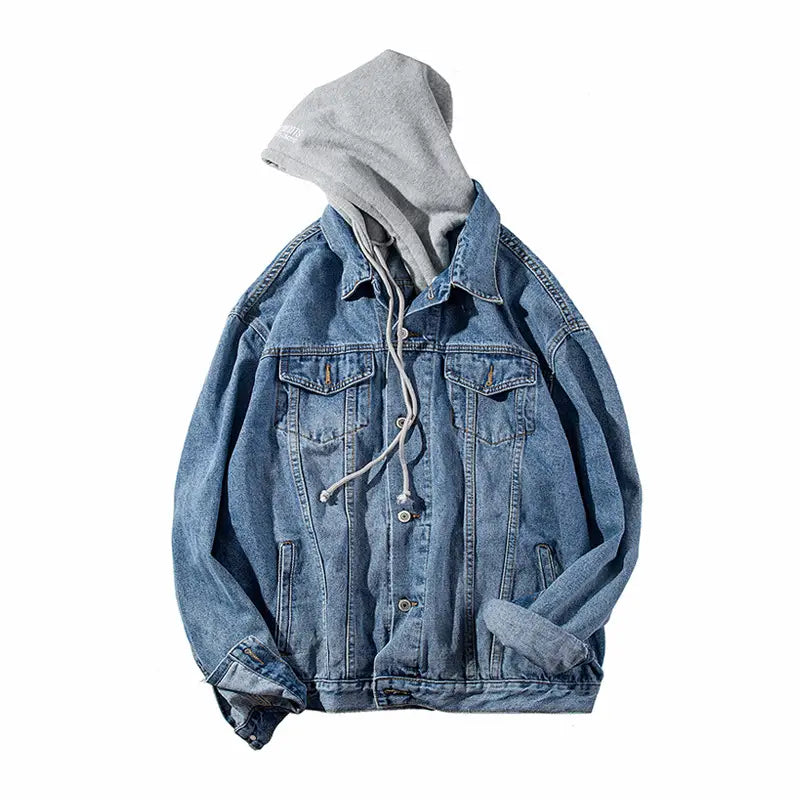 Men's Korean Style Hooded Denim Jacket Blue Gray