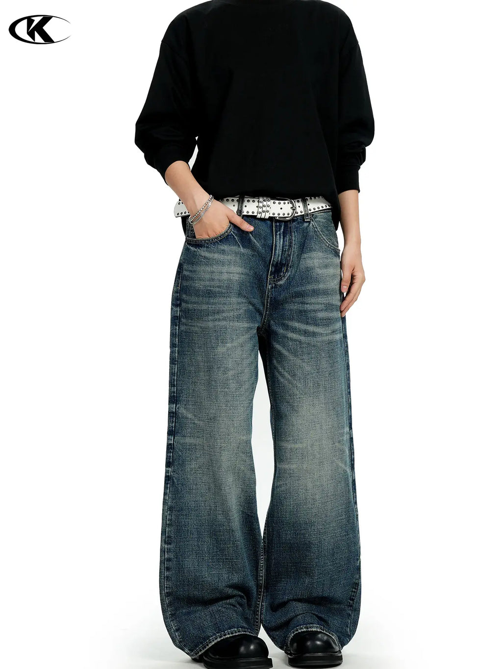 11Kn American Retro Dark Blue Jeans for Men Women Wide Leg Casual Pants
