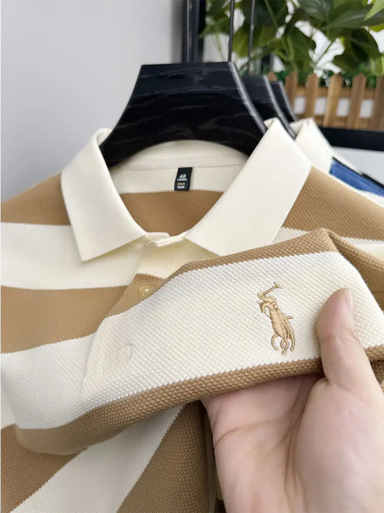 Men's Blue White Striped Polo T-Shirt Short Sleeve