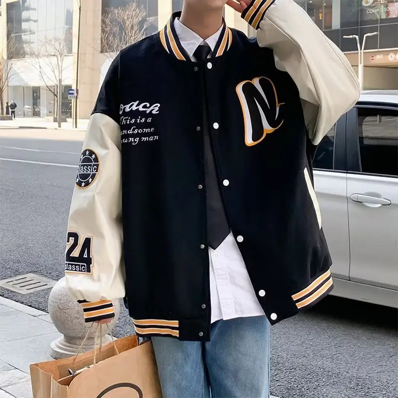 Men's Black & White Spliced Baseball Jacket American Retro Style