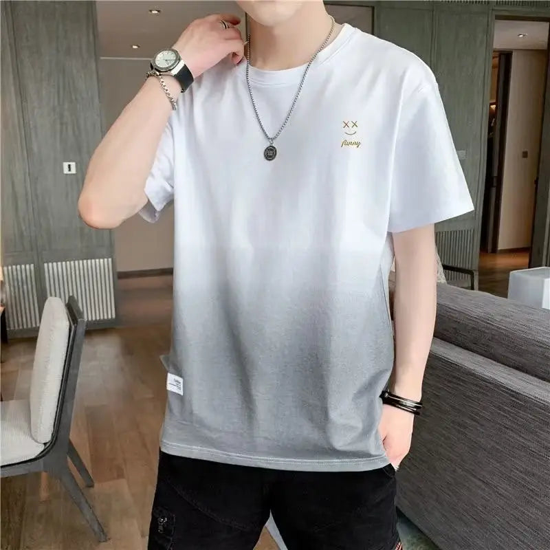Men Gradient Short Sleeve T-Shirt White Korean Style