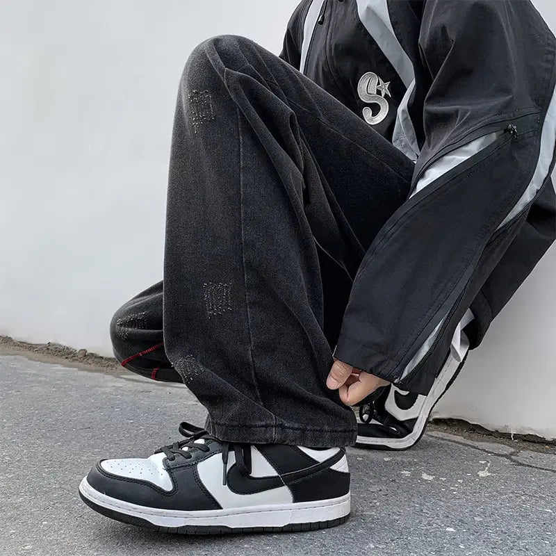 Men's Black Loose Straight Jeans 2023 Spring Autumn