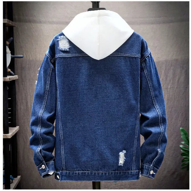 Men's Light Blue Ripped Denim Hoodie Korean Style