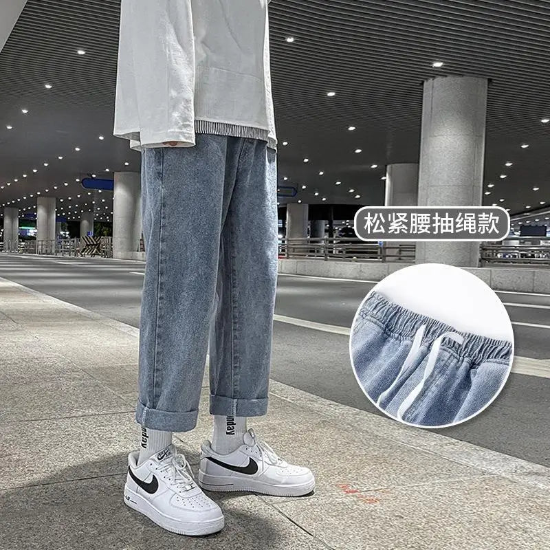 Men's Loose Straight Denim Jeans Elastic Waist Wide Leg