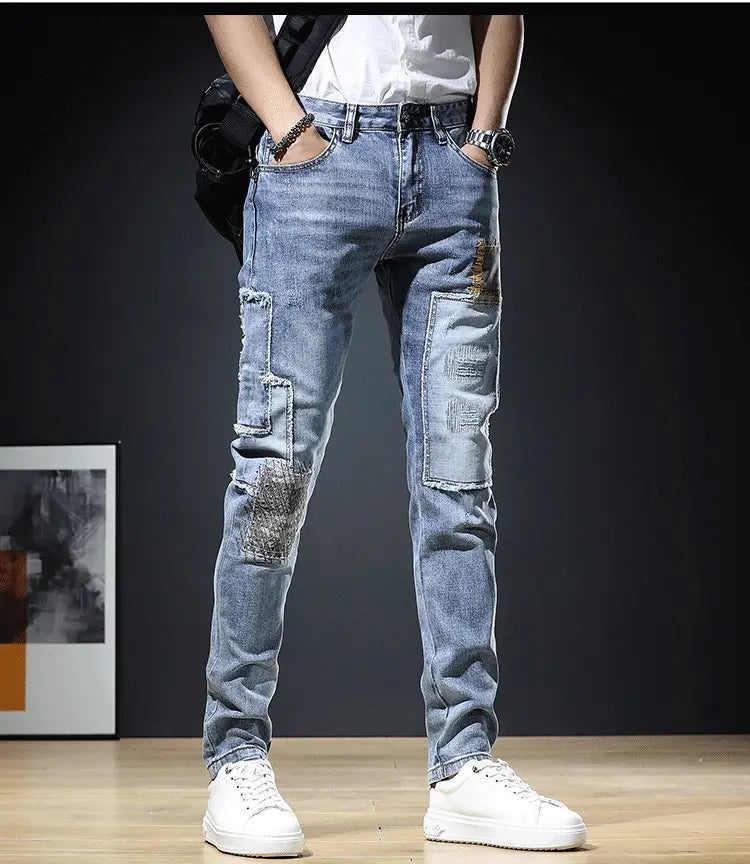 Men Patch Ripped Skinny Jeans Korean Style Spring Autumn