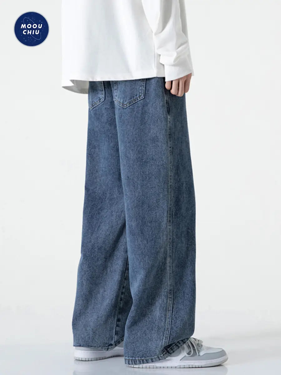 Muqiu Men Fleece-Lined Wide Leg Jeans Blue Grey Washed