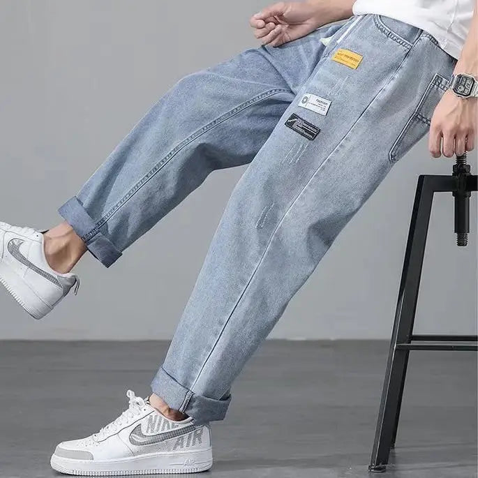 Men's Korean Style Light Blue Cropped Jeans