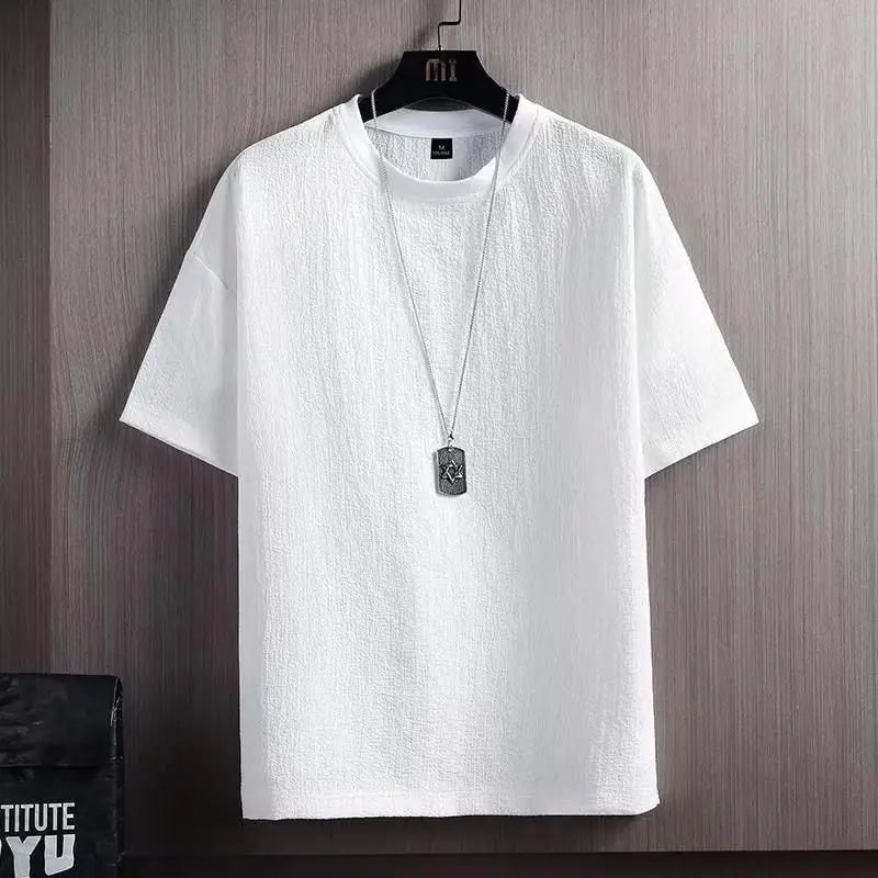 Men White Japanese T-Shirt Round Neck Loose Fit