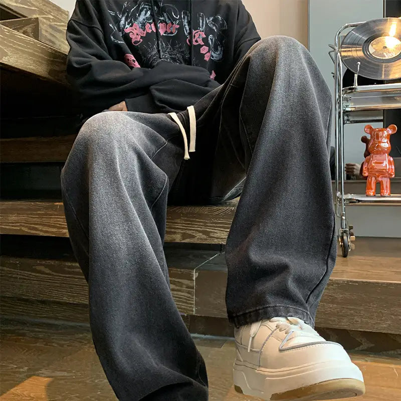 Men Retro Straight Leg Pants Black Wide Leg Casual