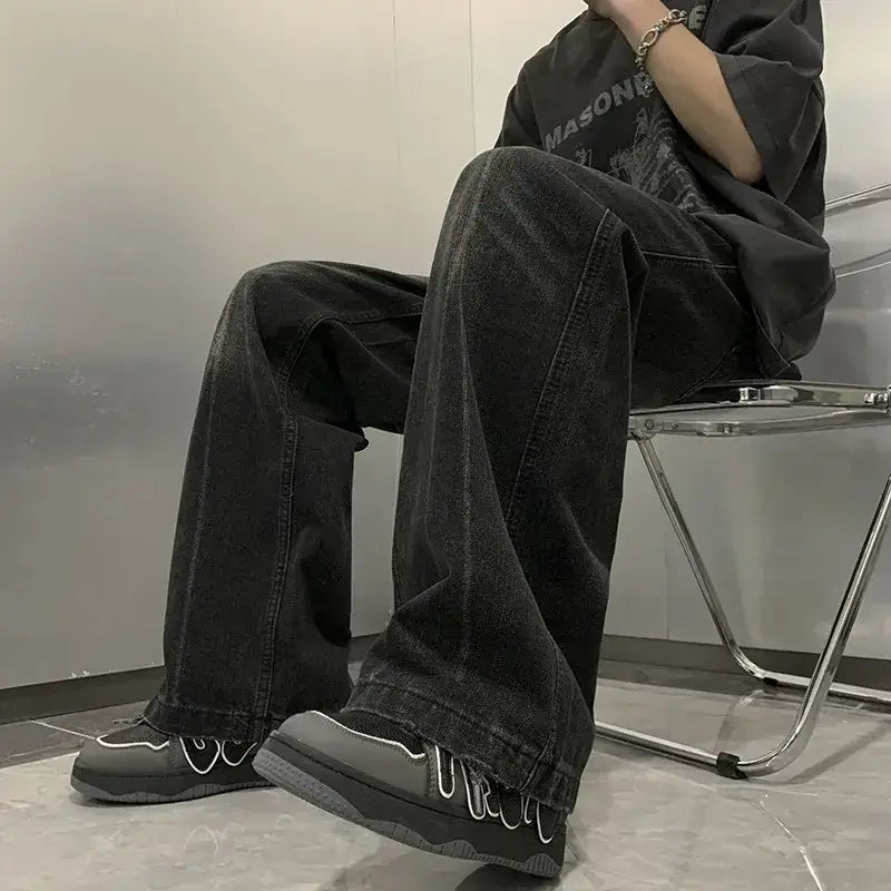 Men's Black Straight Cut Denim Pants Spring Loose Fashion