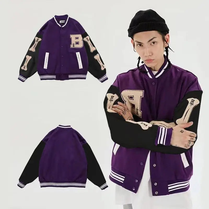Men's Green Bone Print Baseball Jacket with White Underlayer