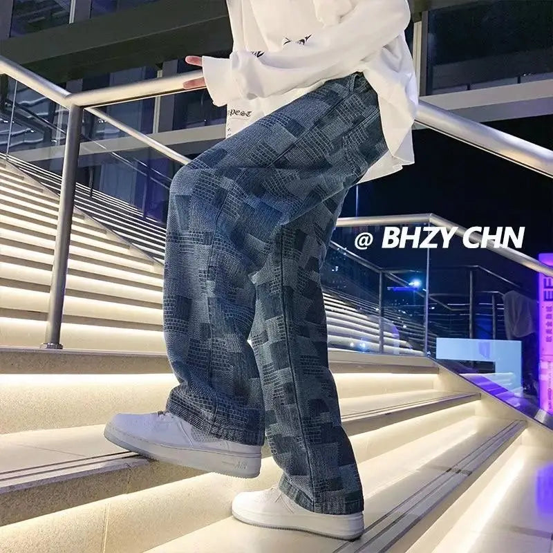 Men's Loose Square Patterned Wide Leg Jeans Spring