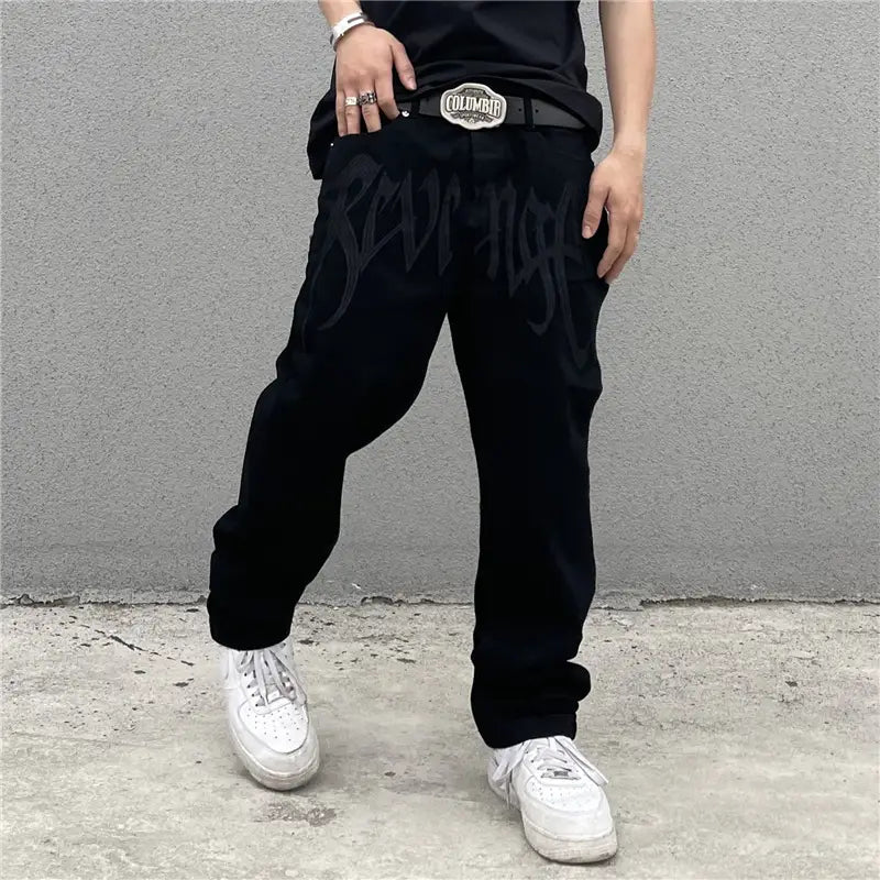 Black Embroidered High Waist Jeans Men Women