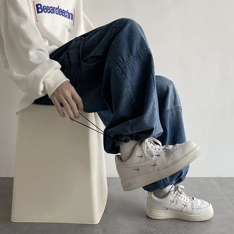 Men Blue Cargo Pants Wide Leg Spring Autumn Loose Fit