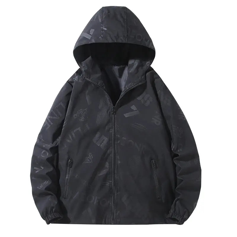 Men's Black Hooded Jacket with Print & Zip Front