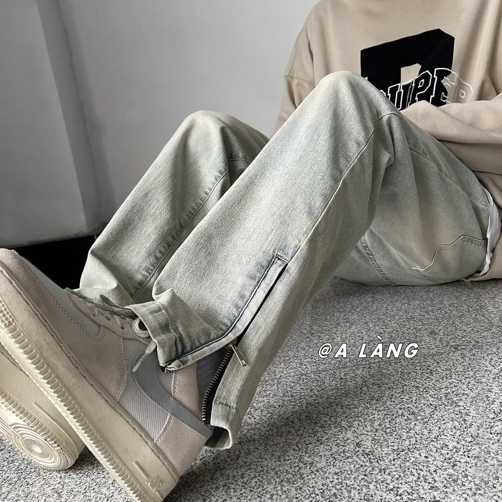 Men Vintage Washed Mud Slim Jeans Summer Streetwear