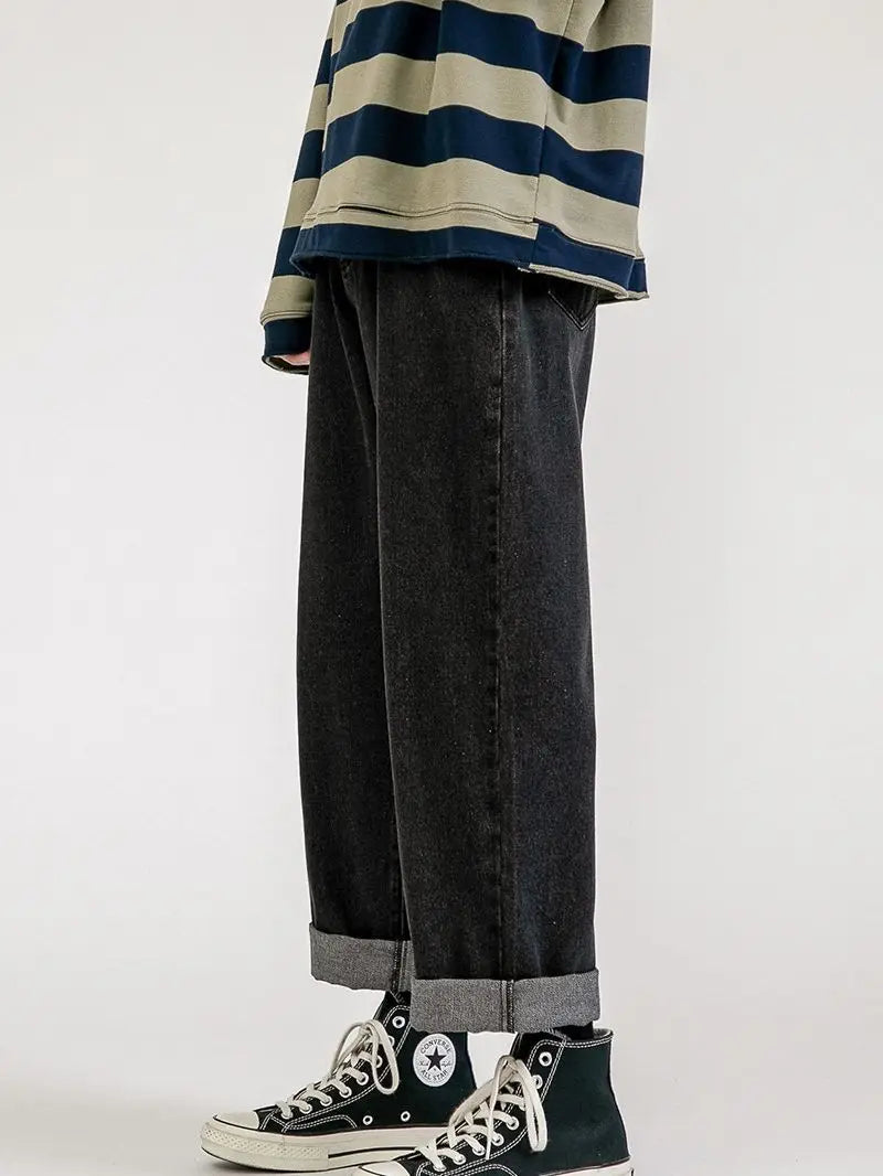 Men Vintage Wash Denim Jeans Loose Fit American Style