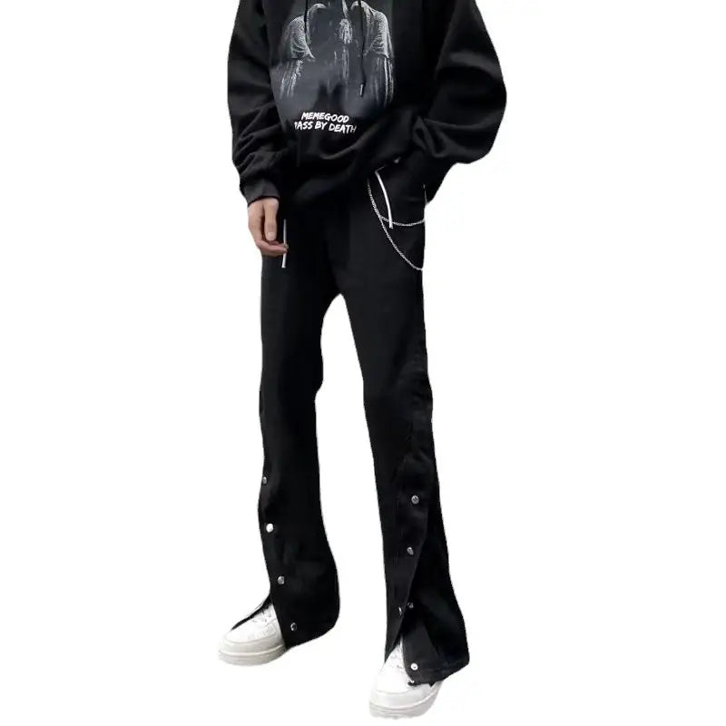 Men Black Zipper Slit Casual Pants with White Sneakers