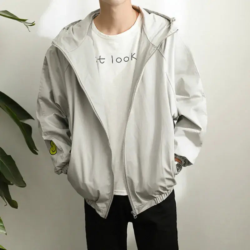 Men Women White Hooded Thin Jacket Korean Style