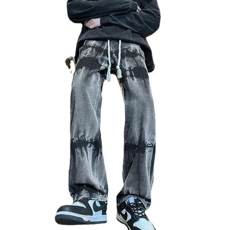 Men Tie-Dye Drawstring Jeans American High Street Vibe Pants
