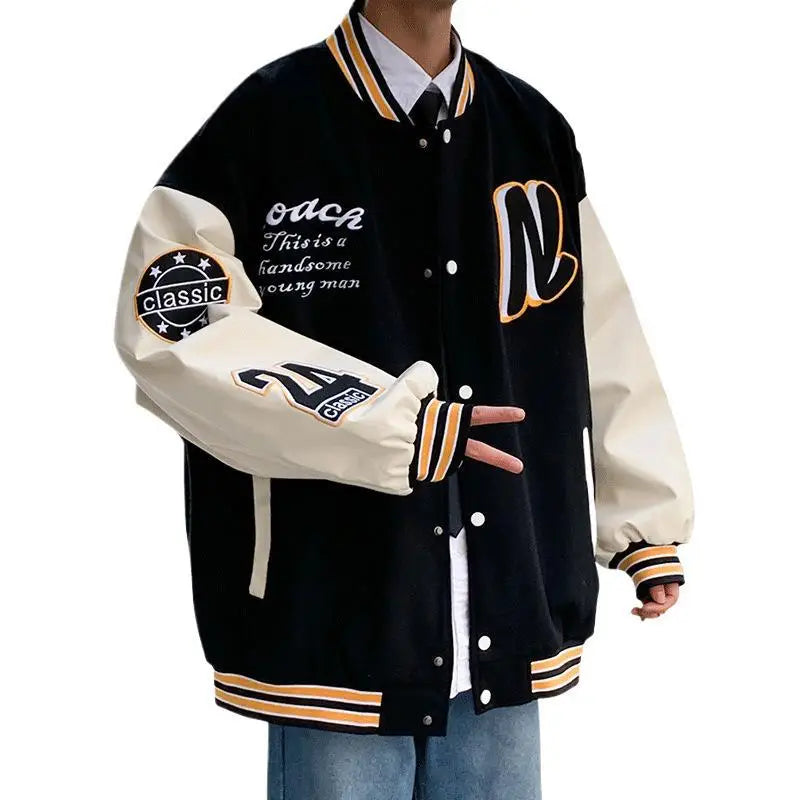 Men's Black & White Spliced Baseball Jacket American Retro Style