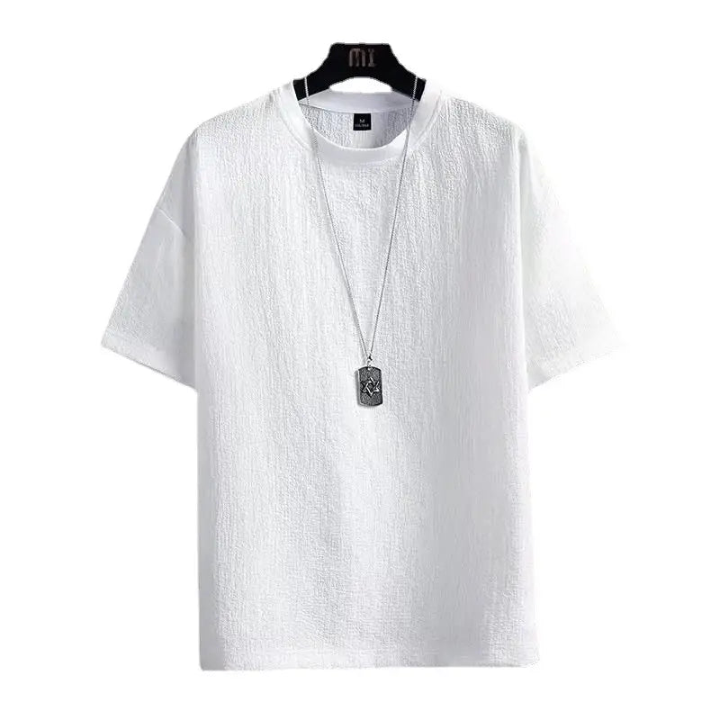 Men White Japanese T-Shirt Round Neck Loose Fit