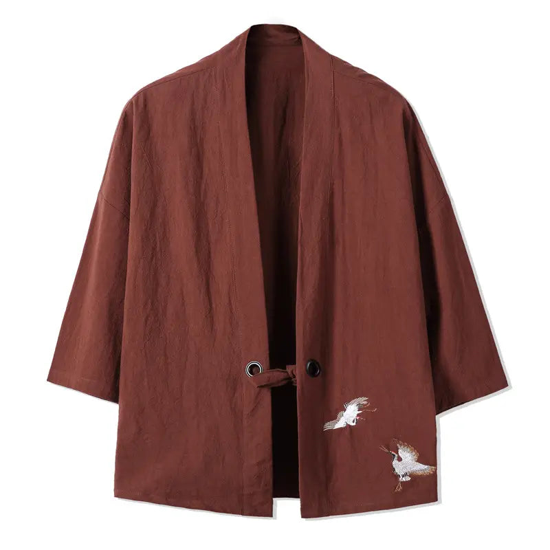 Men's 2018 Hanfu Jacket Cotton Linen Embroidery Brown Large