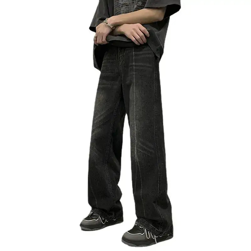 Men's Black Straight Cut Denim Pants Spring Loose Fashion